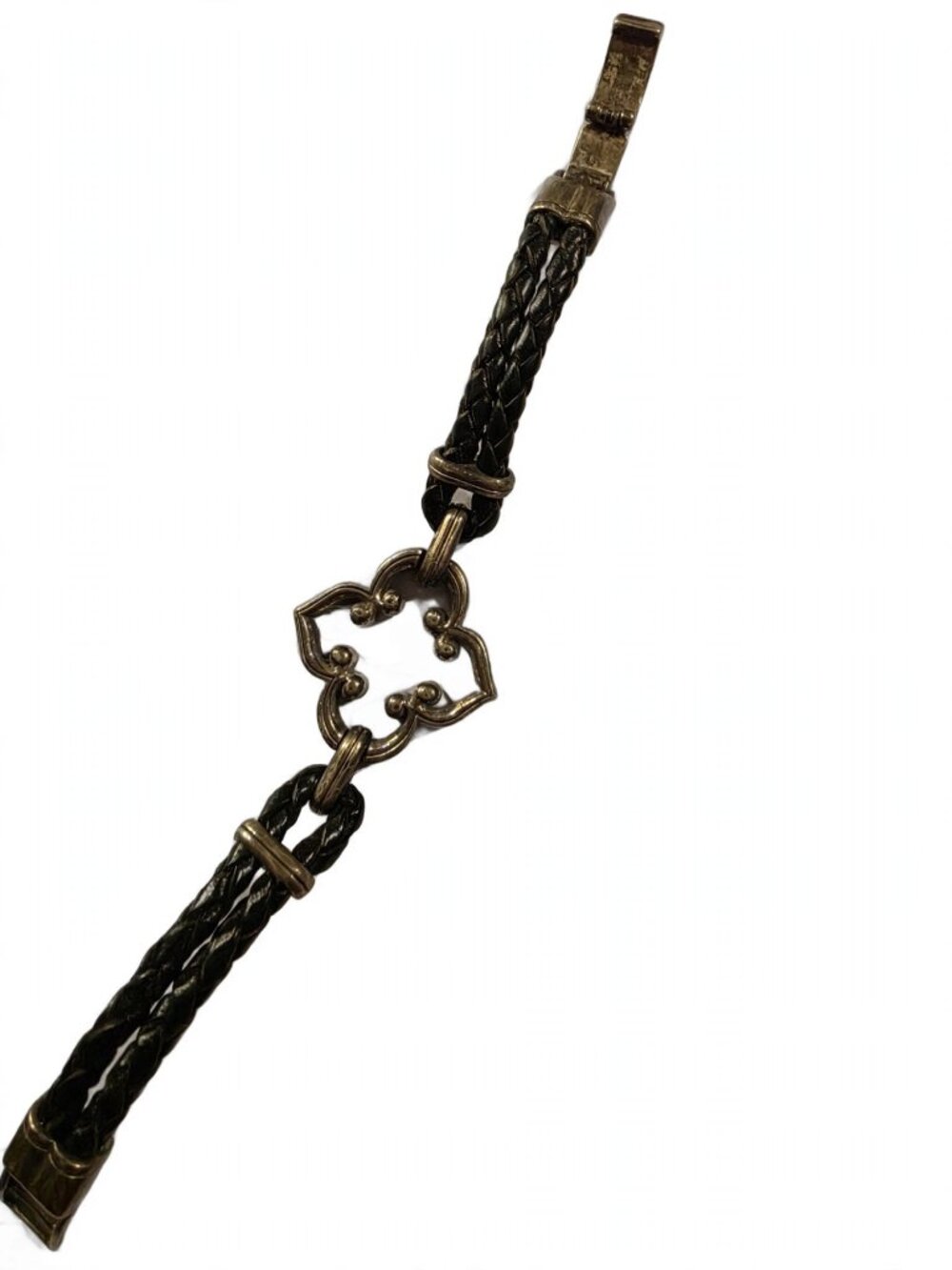 Vintage Brighton Black Braided Leather Cord Bracelet Ornate Quatrefoil Clasp